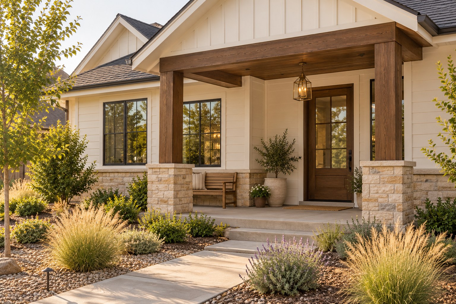 A welcoming cream home with a wood porch and flowers