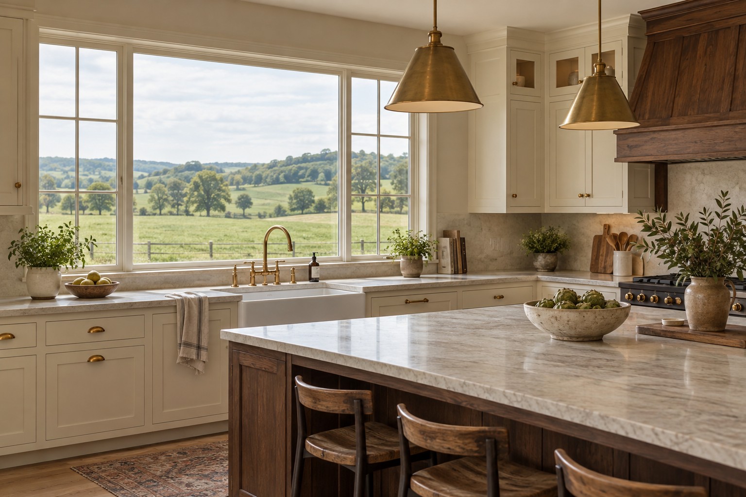 A warm cream and wood kitchen overlooking a green pasture