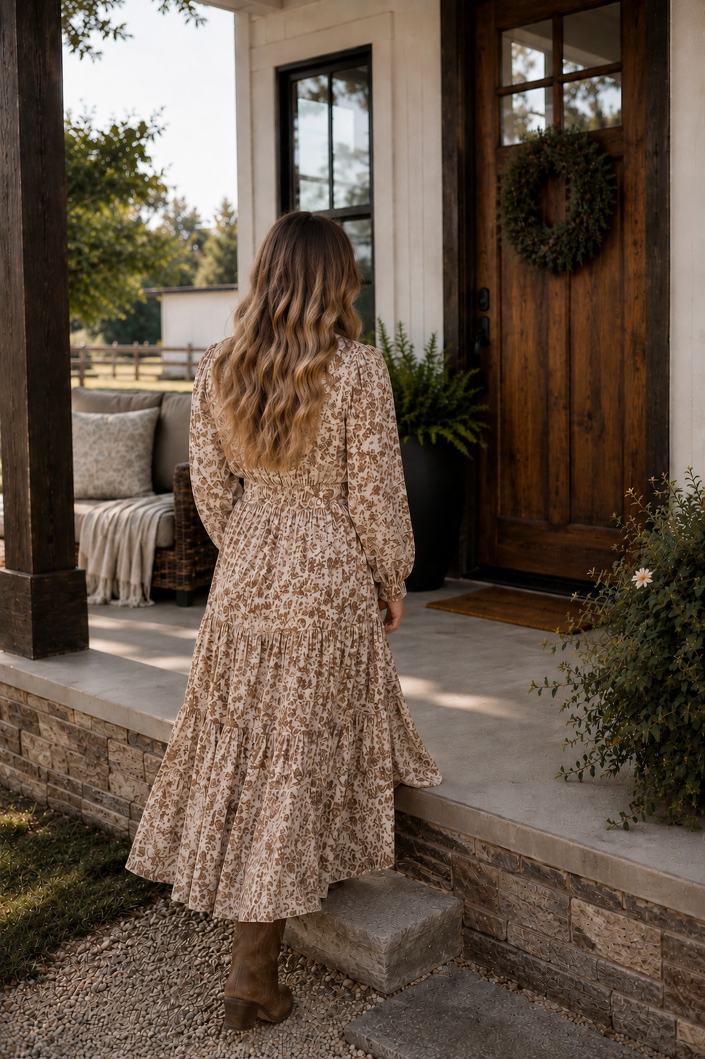 Jordan walking toward a warm farmhouse porch and wooden front door